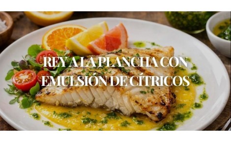 Rey a la plancha con emulsión de cítricos y aceite de hierbas